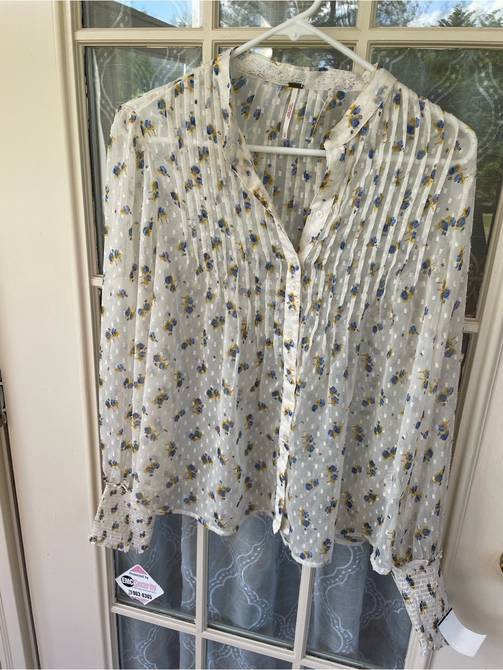 Free People S Blue Floral Swiss Dot Sheer Boho Smocked Blouse Top